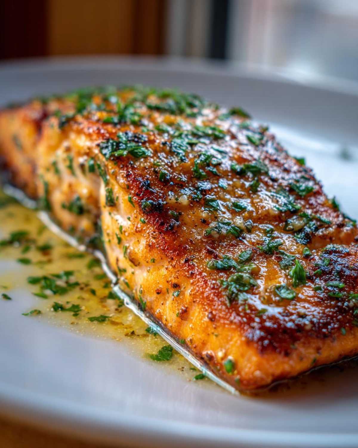 A perfectly cooked fillet of Garlic Butter Salmon with crispy skin, glistening with melted butter and topped with fresh parsley.