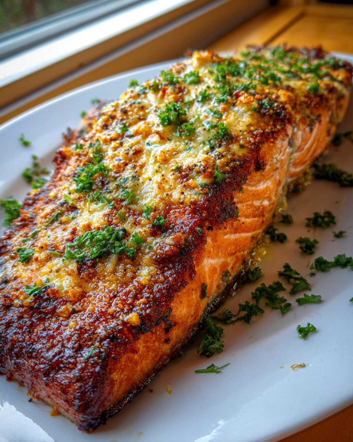 Close-up of a perfectly cooked Garlic Butter Salmon with crispy skin, topped with melted cheese and fresh parsley.
