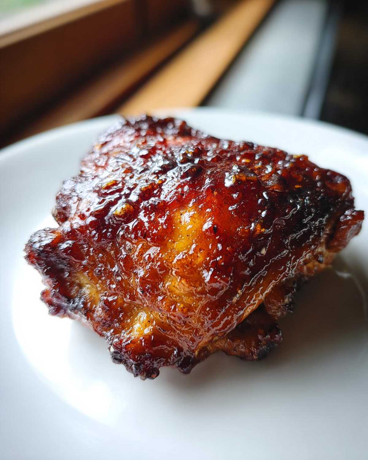 Close-up of a perfectly cooked Honey Garlic Chicken Thighs with a dark, glossy, crispy skin.