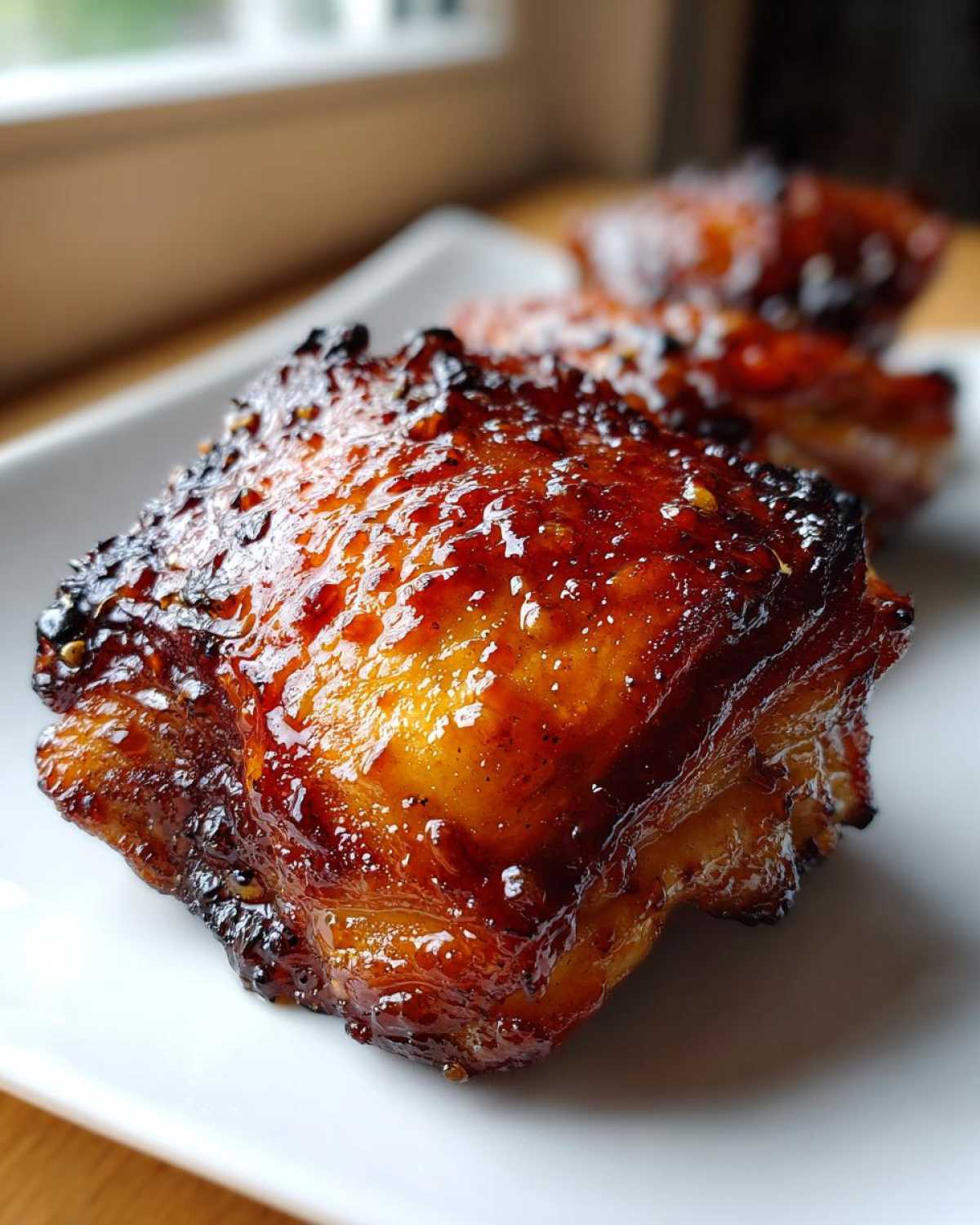 Close-up of a perfectly glazed, crispy-skinned Honey Garlic Chicken Thighs piece on a white plate.