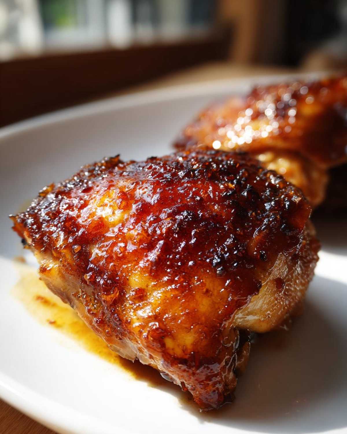 Close-up of Honey Garlic Chicken Thighs with perfectly caramelized, crispy, glossy skin.