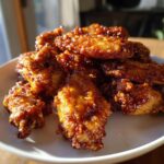 A close-up of crispy oven-baked Sticky Sweet Chili Chicken Wings piled high on a white plate, glistening with sauce.