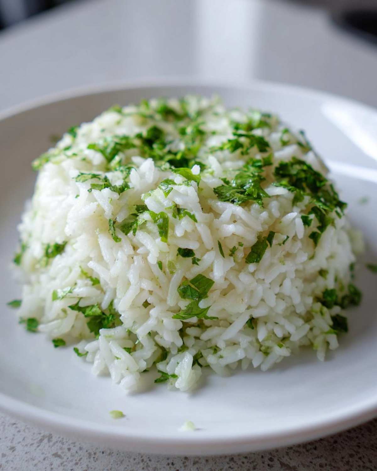 A perfectly molded serving of fluffy Cilantro Lime Rice topped with fresh, chopped cilantro.