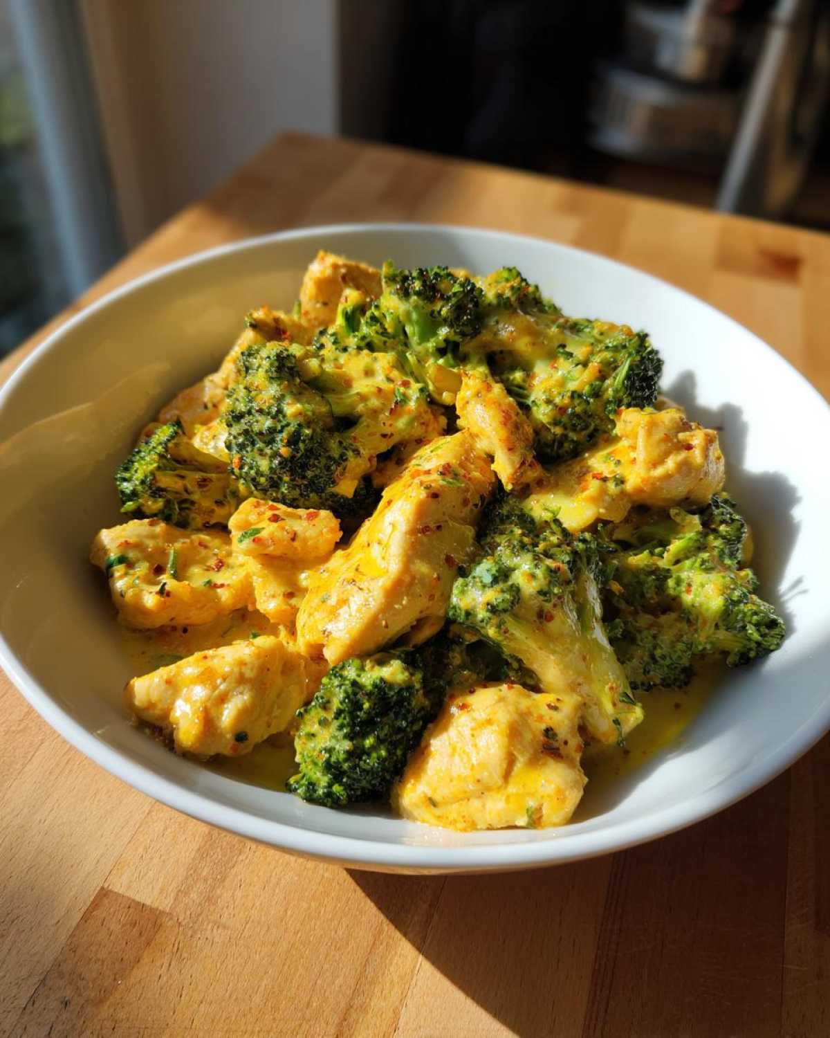 Close-up of Garlic Butter Chicken and Broccoli Stir Fry coated in a rich yellow sauce, served in a white bowl.