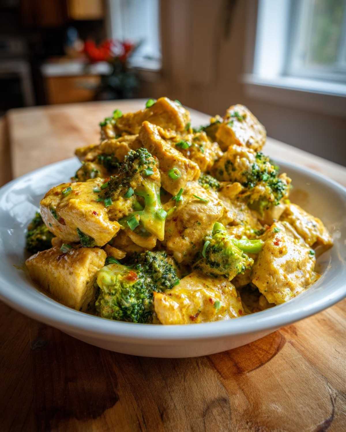 A white bowl filled with vibrant Garlic Butter Chicken and Broccoli Stir Fry, coated in a rich yellow sauce and topped with green onions.