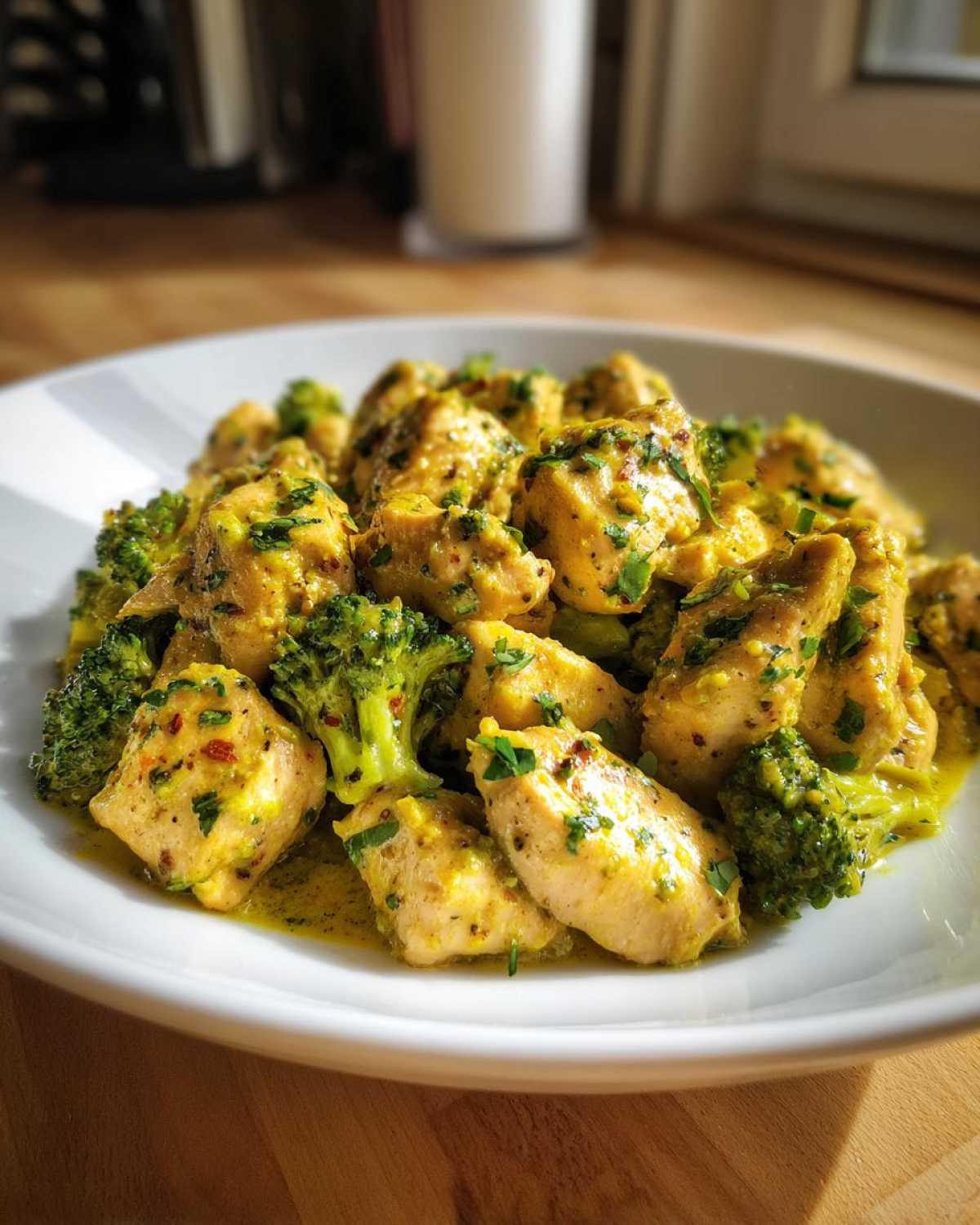 Close-up of tender chicken pieces and bright green broccoli florets coated in a rich Garlic Butter Chicken and Broccoli Stir Fry sauce.