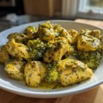 Close-up of tender chicken pieces and bright green broccoli florets coated in a rich, yellow garlic butter sauce, featured in a Garlic Butter Chicken and Broccoli Stir Fry.