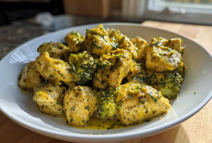 Close-up of tender chicken pieces and bright green broccoli florets coated in a rich, yellow garlic butter sauce, featured in a Garlic Butter Chicken and Broccoli Stir Fry.