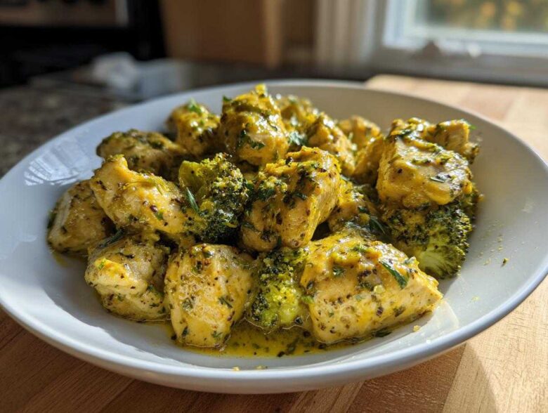 Close-up of tender chicken pieces and bright green broccoli florets coated in a rich, yellow garlic butter sauce, featured in a Garlic Butter Chicken and Broccoli Stir Fry.
