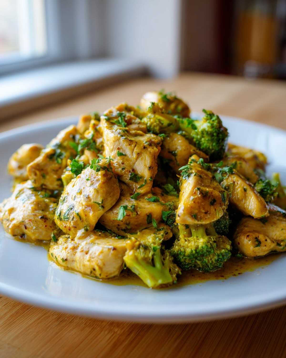 Close-up of tender chicken pieces and bright green broccoli florets coated in a rich, yellow garlic butter sauce, garnished with parsley.