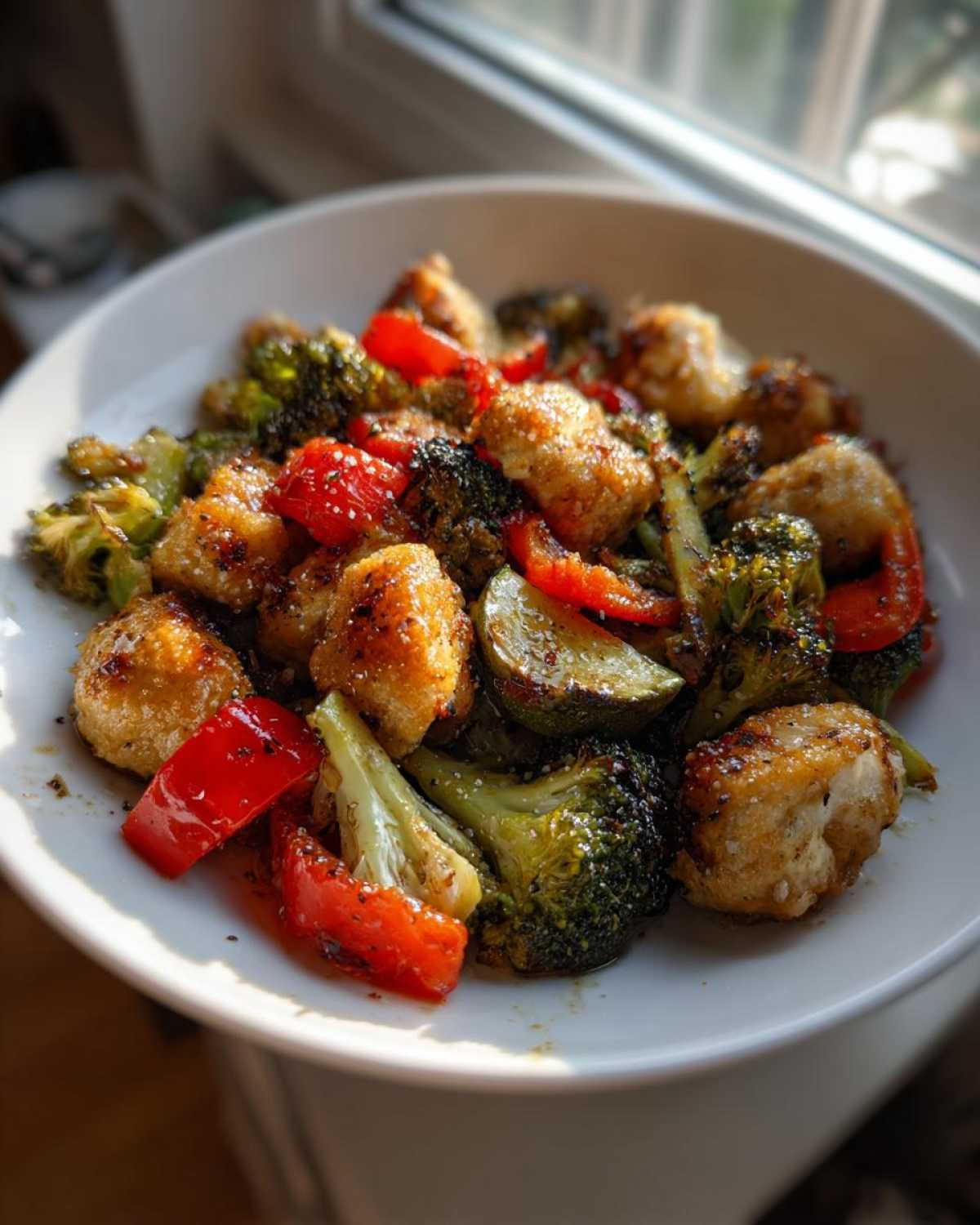 Close-up of golden Garlic Butter Chicken Bites mixed with roasted broccoli and red peppers in a white bowl.