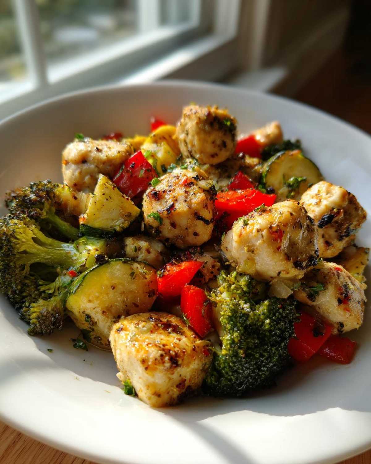 Close-up of Garlic Butter Chicken Bites served with roasted broccoli, zucchini, and red peppers in a white bowl.