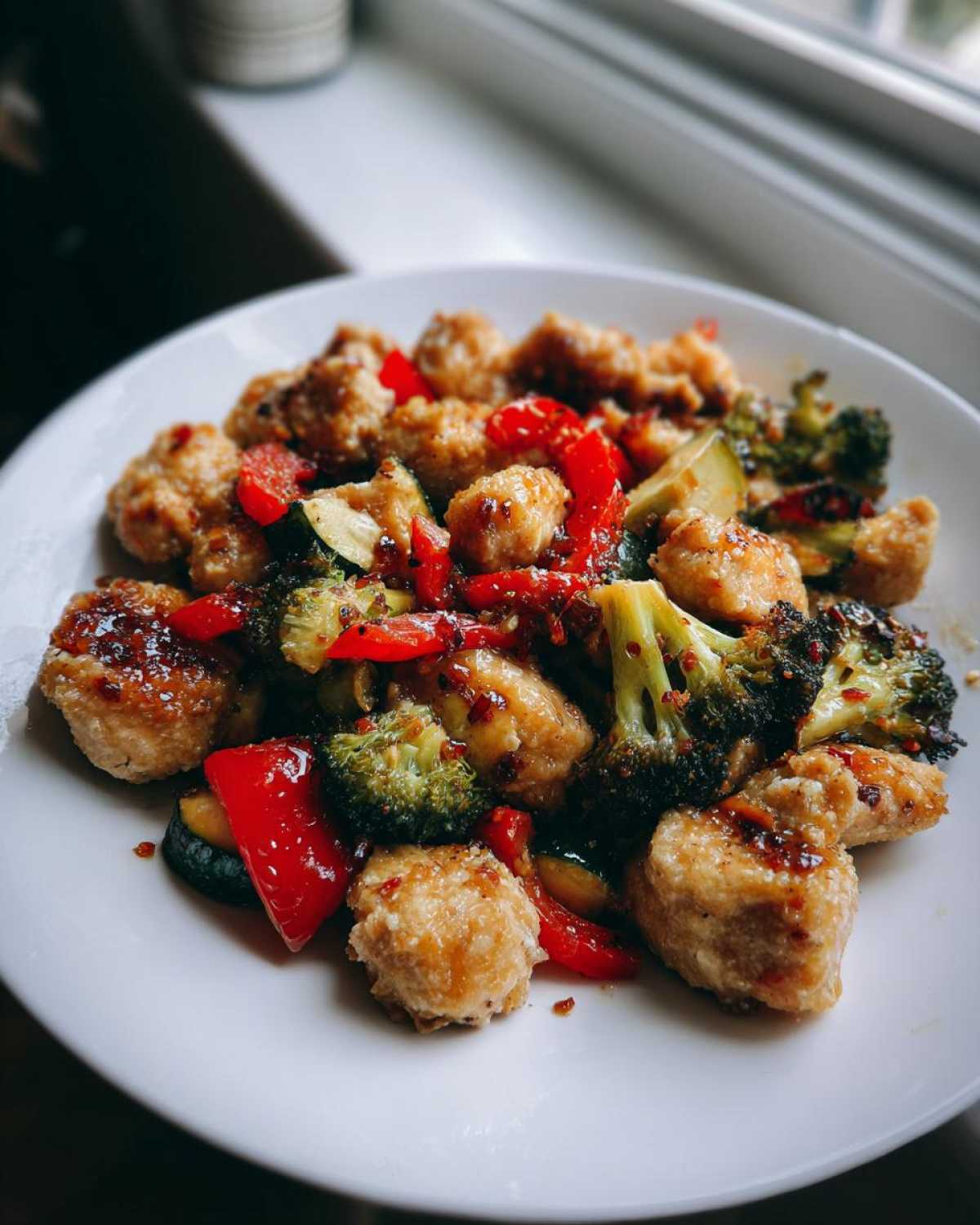 Close-up of Garlic Butter Chicken Bites mixed with roasted broccoli, red peppers, and zucchini on a white plate.