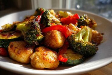 Close-up of golden Garlic Butter Chicken Bites mixed with roasted broccoli, zucchini, and red peppers on a white plate.