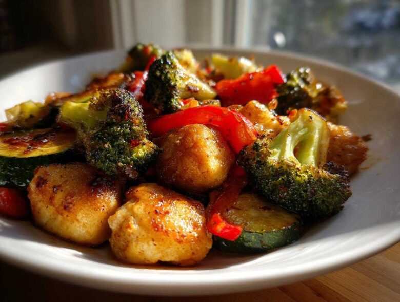 Close-up of golden Garlic Butter Chicken Bites mixed with roasted broccoli, zucchini, and red peppers on a white plate.