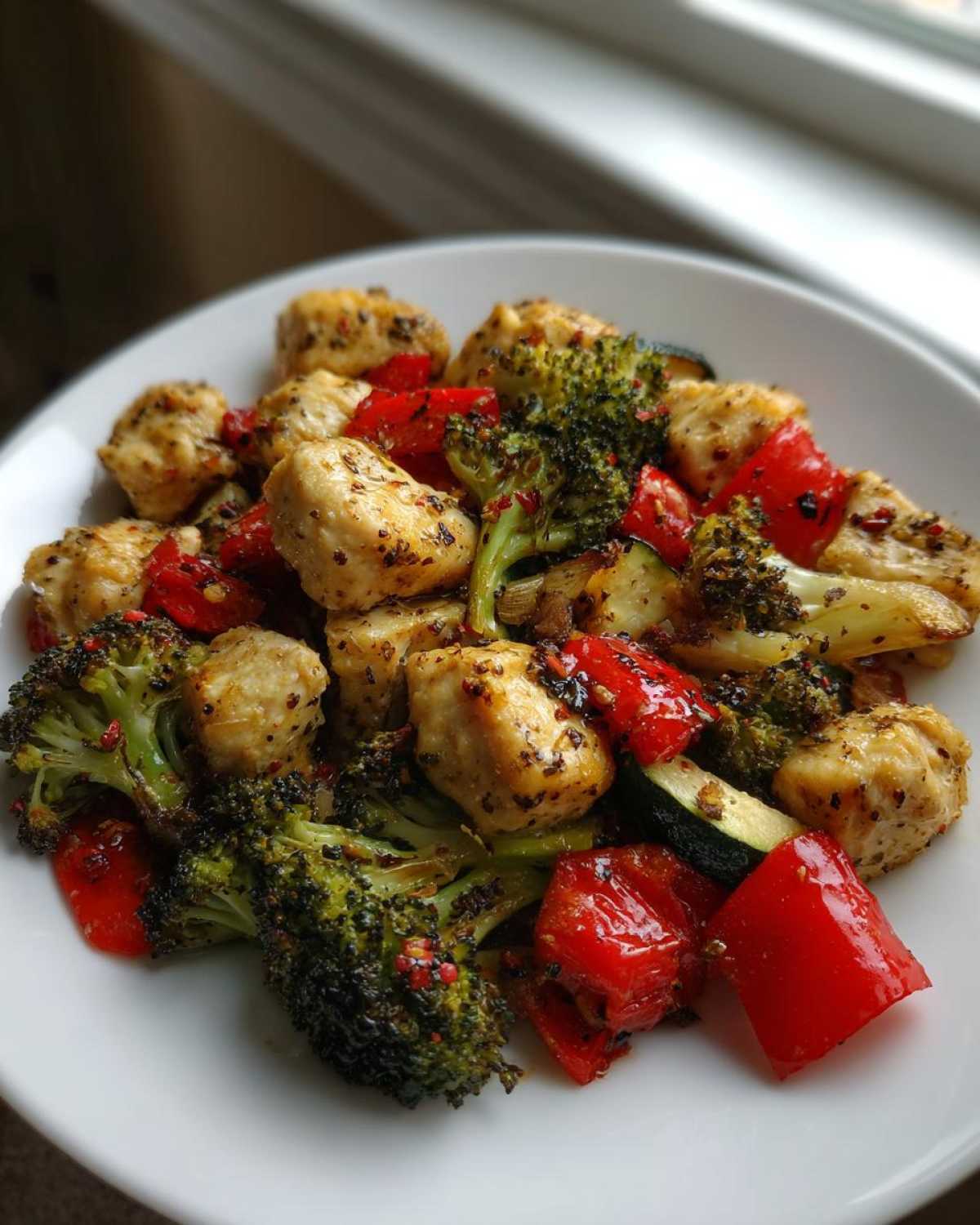 Close-up of Garlic Butter Chicken Bites mixed with roasted broccoli, red peppers, and zucchini on a white plate.