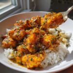 A close-up of golden Garlic Butter Chicken Bites generously coated in sauce and herbs, served over a bed of fluffy white rice.