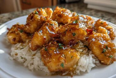 Close-up of golden Garlic Butter Chicken Bites coated in a shiny glaze, served over a bed of white rice.