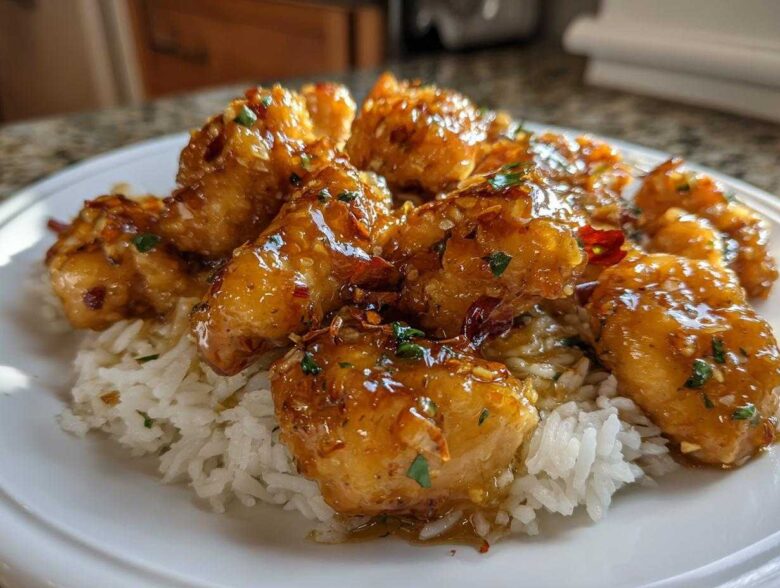 Close-up of golden Garlic Butter Chicken Bites coated in a shiny glaze, served over a bed of white rice.