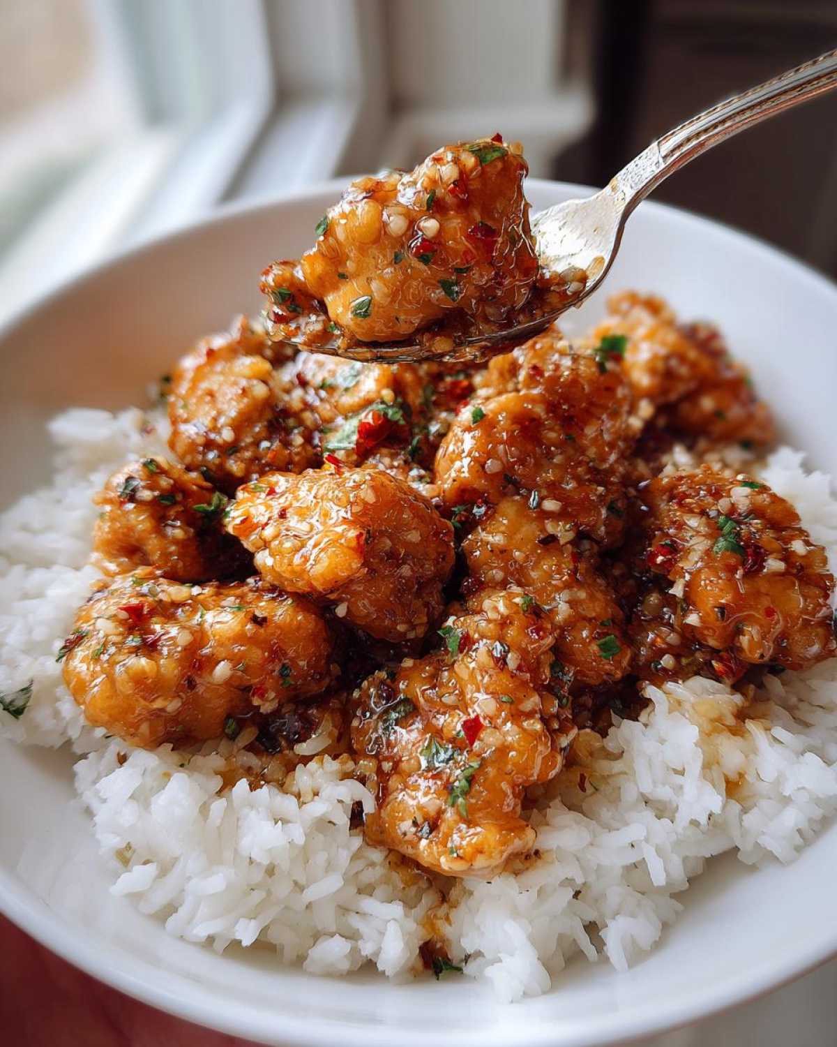 A spoonful of glossy Garlic Butter Chicken Bites being lifted from a bowl filled with white rice.