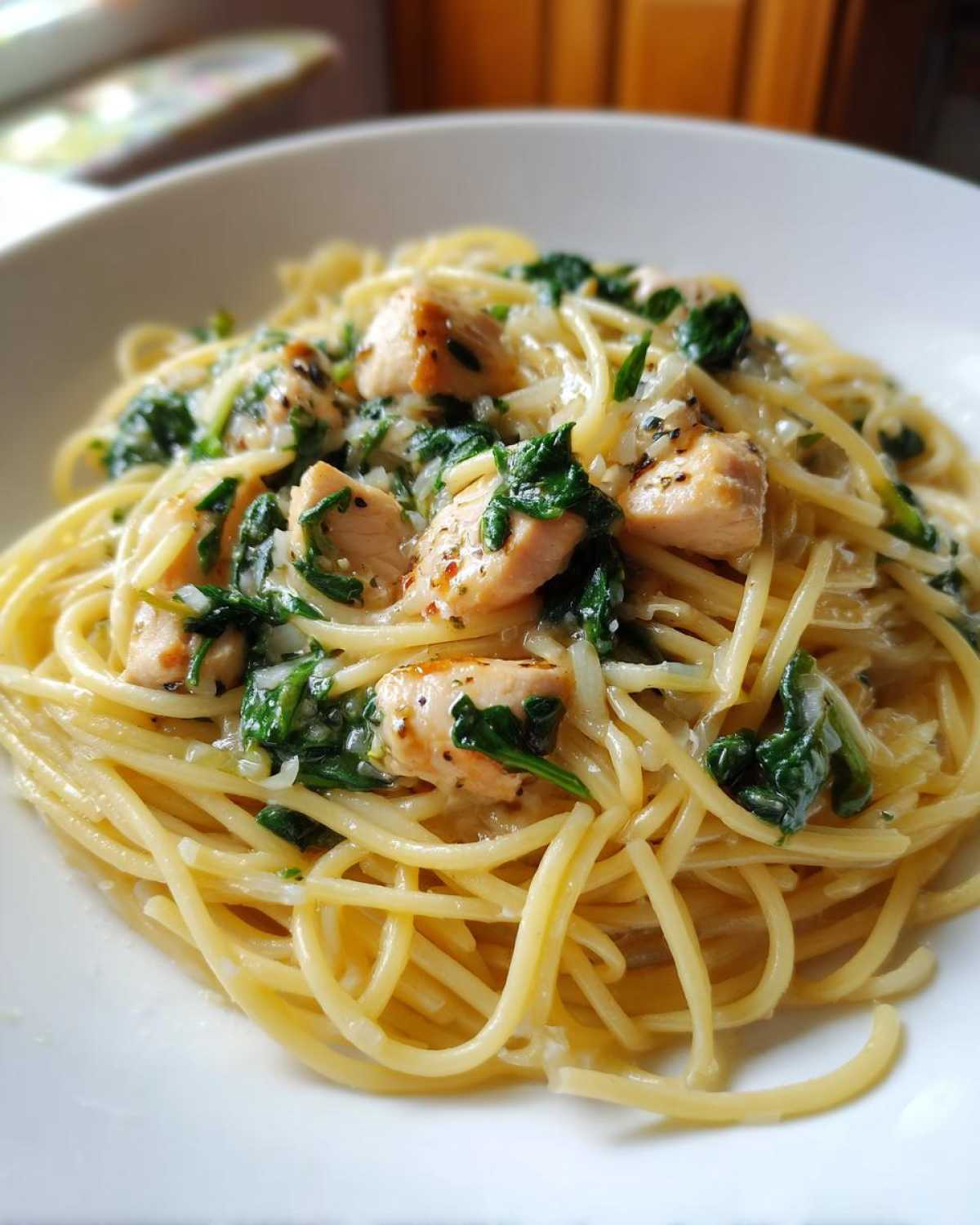 Close-up of Garlic Butter Pasta with Chicken and Spinach coated in a light sauce and served in a white bowl.
