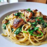 Close-up of creamy Garlic Butter Pasta with Chicken and Spinach tossed in a rich sauce.