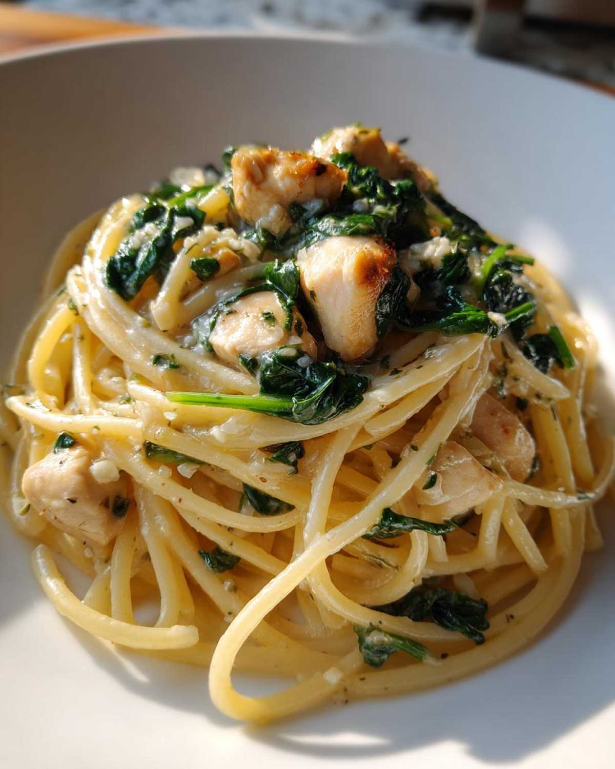 Close-up of a serving of Garlic Butter Pasta with Chicken and Spinach coated in a creamy sauce.