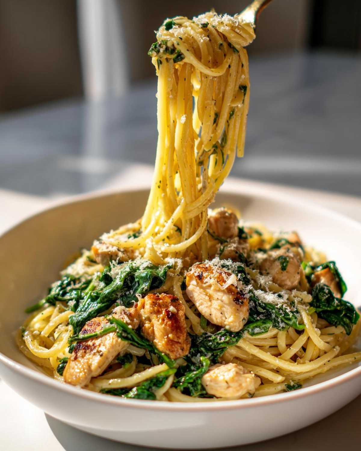 A fork lifts long strands of pasta from a bowl of Garlic Butter Pasta with Chicken and Spinach, topped with Parmesan.