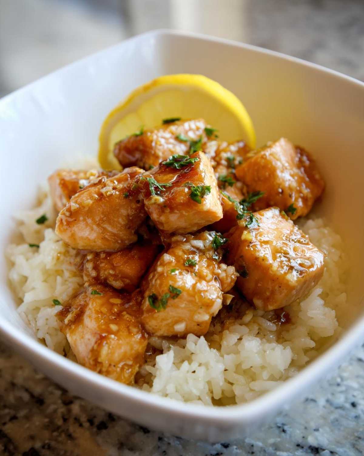 Close-up of glossy Garlic Butter Salmon Bites served over fluffy white rice, garnished with parsley and a lemon wedge.