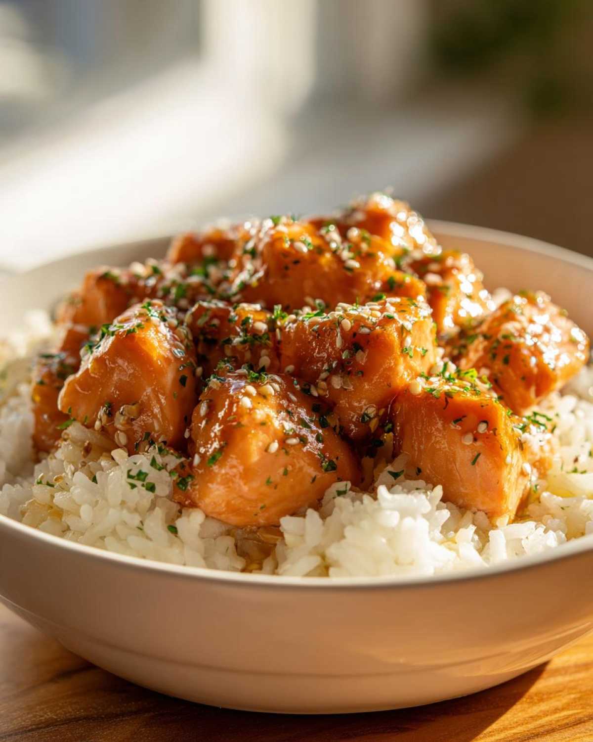 Close-up of glazed Garlic Butter Salmon Bites served over fluffy white rice, topped with sesame seeds and parsley.