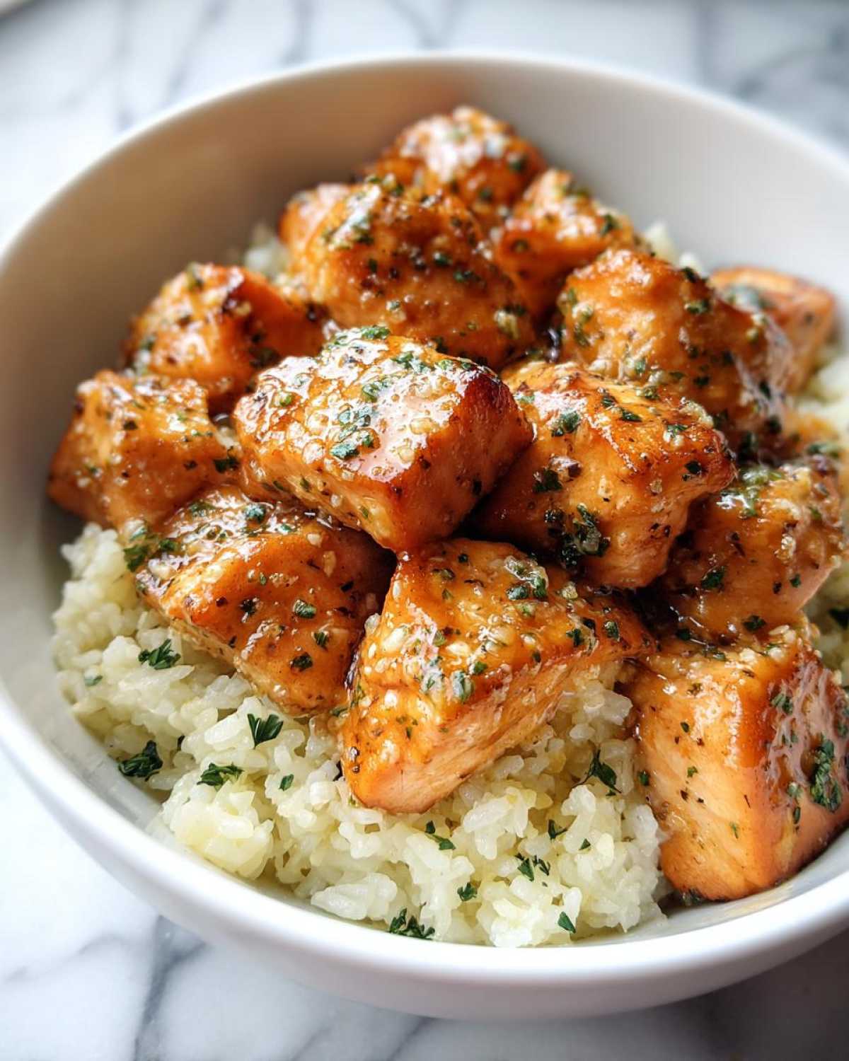 Close-up of shiny, glazed Garlic Butter Salmon Bites piled high over white rice in a bowl.