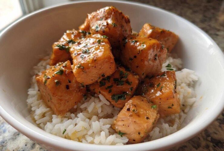 Close-up of glossy Garlic Butter Salmon Bites piled high on a bed of fluffy white rice in a white bowl.