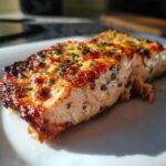 Close-up of a perfectly cooked Garlic Butter Salmon with crispy edges and fresh herbs.
