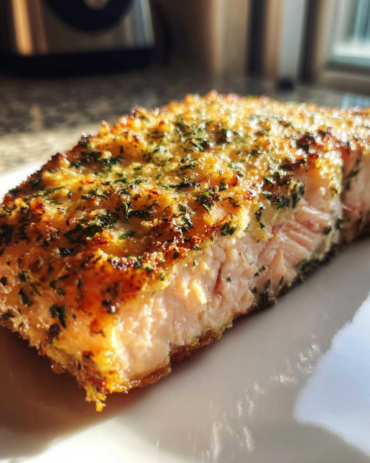 Close-up of a perfectly cooked fillet of Garlic Butter Salmon with Crispy Edges, topped with browned garlic and green herbs.