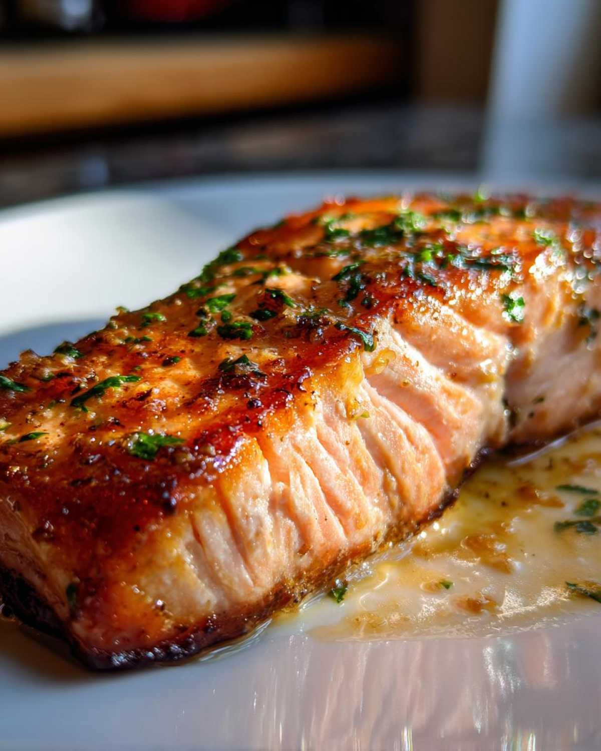 Close-up of a perfectly cooked Garlic Butter Salmon with crispy edges, topped with parsley.