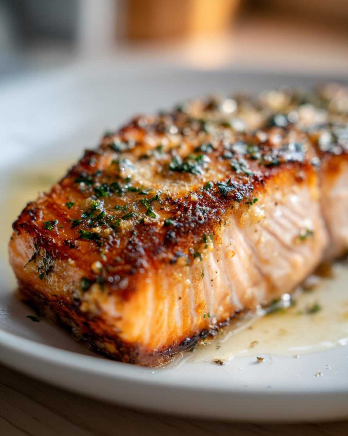Close-up of a perfectly cooked Garlic Butter Salmon with crispy edges and herbs.