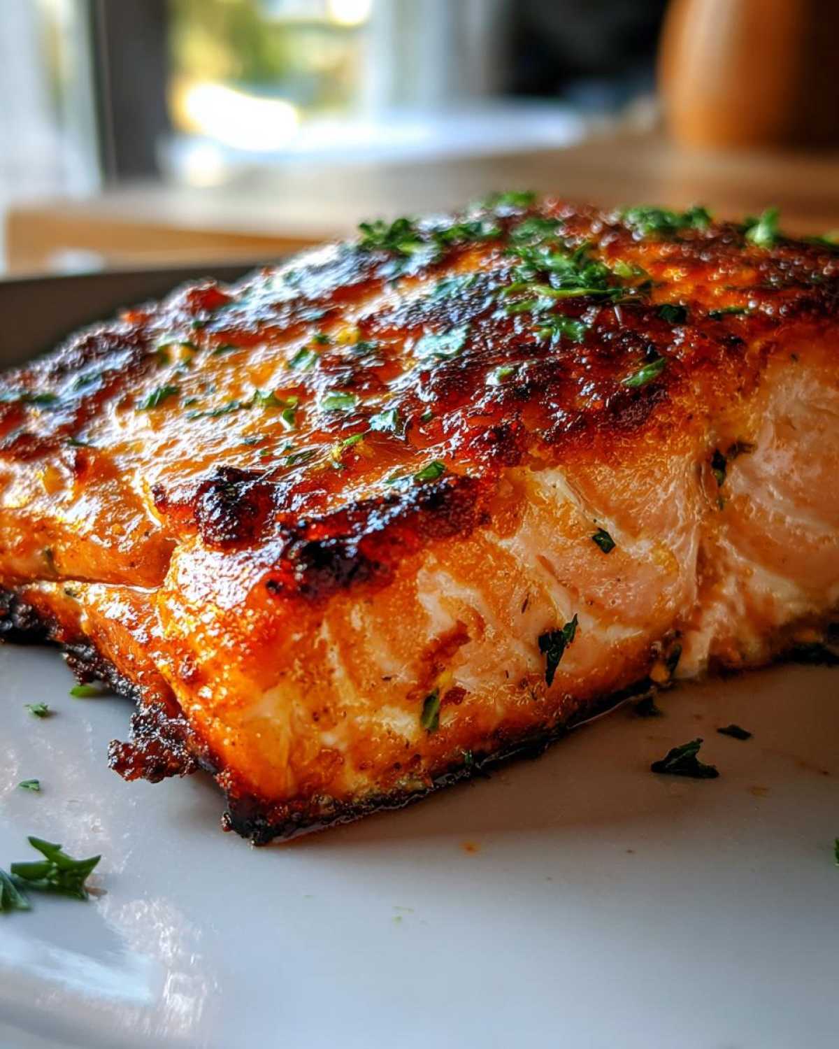Close-up of a thick fillet of Garlic Butter Salmon with crispy, caramelized edges and fresh parsley garnish.