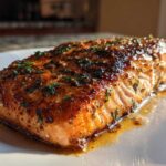 Close-up of a perfectly cooked Garlic Butter Salmon with crispy edges, glistening with butter and topped with herbs.