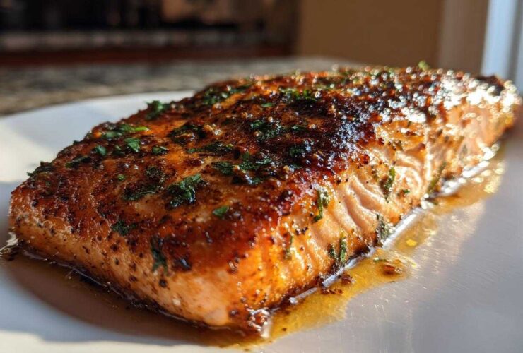 Close-up of a perfectly cooked Garlic Butter Salmon with crispy edges, glistening with butter and topped with herbs.
