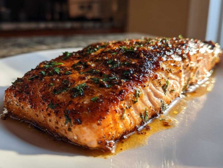 Close-up of a perfectly cooked Garlic Butter Salmon with crispy edges, glistening with butter and topped with herbs.