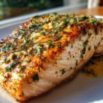 Close-up of a perfectly cooked Garlic Butter Salmon with crispy, browned skin and herbs.
