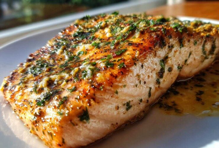 Close-up of a perfectly cooked Garlic Butter Salmon with crispy, browned skin and herbs.