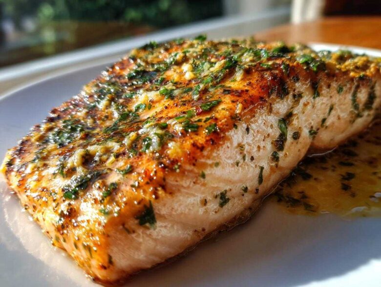 Close-up of a perfectly cooked Garlic Butter Salmon with crispy, browned skin and herbs.