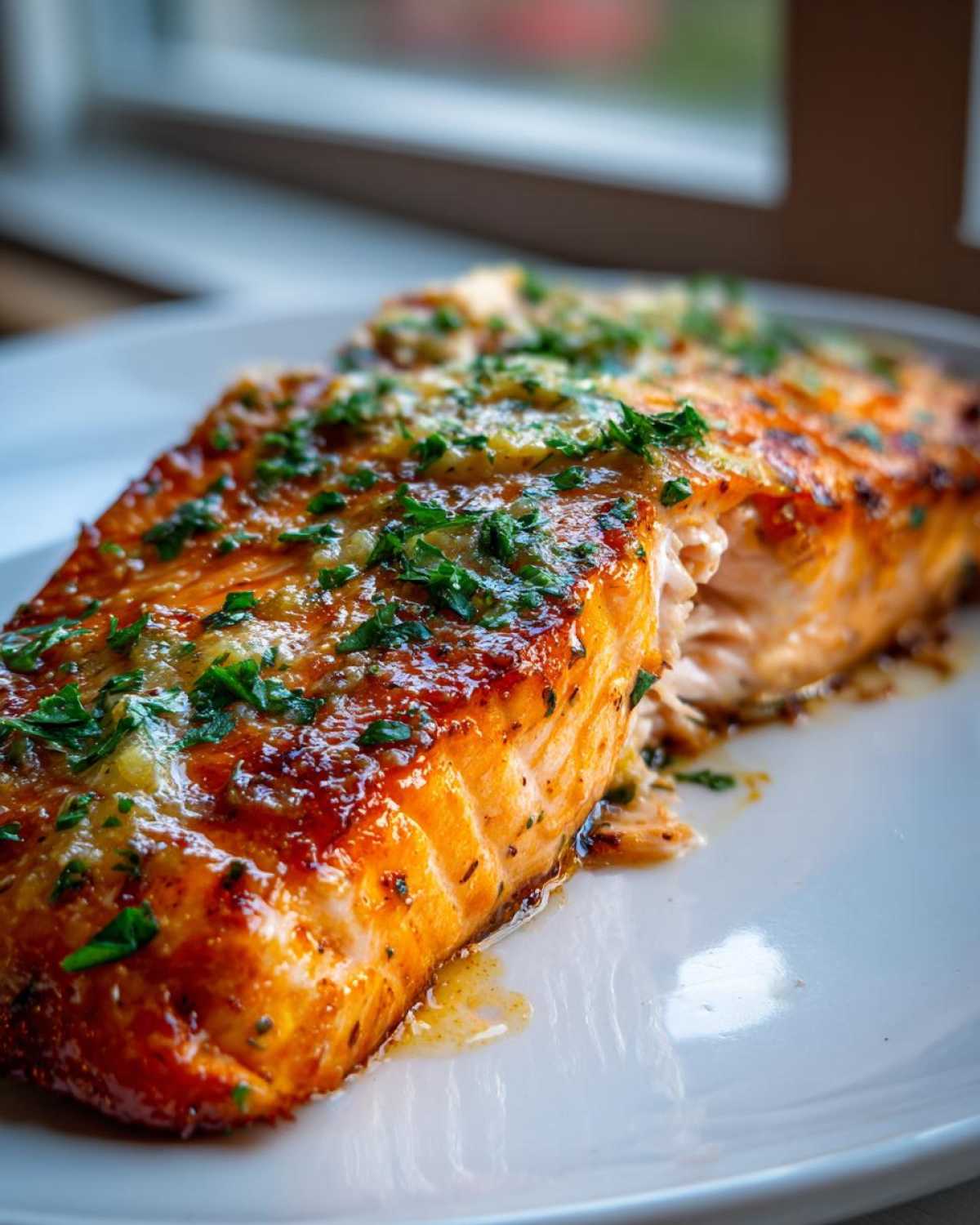 Close-up of a perfectly cooked Garlic Butter Salmon with crispy skin, topped with melted butter and fresh parsley.