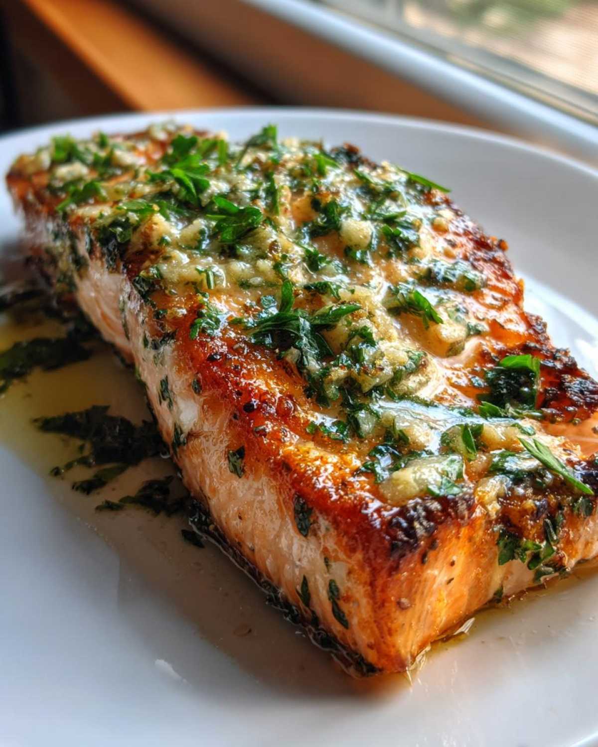 A perfectly cooked fillet of Garlic Butter Salmon with Crispy Skin Recipe, topped with melted butter, garlic, and fresh parsley.