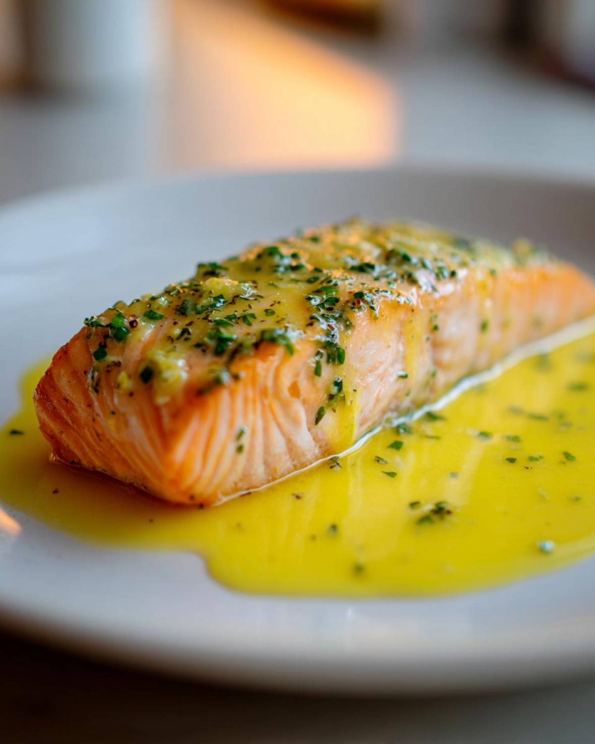 Close-up of a perfectly cooked fillet of Garlic Butter Salmon with Lemon Garlic Sauce pooling on a white plate.