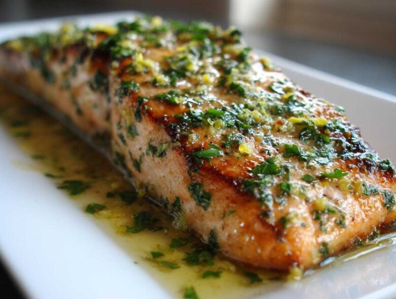 Close-up of a perfectly cooked fillet of Garlic Butter Salmon with Lemon Herb Sauce glistening on a white plate.