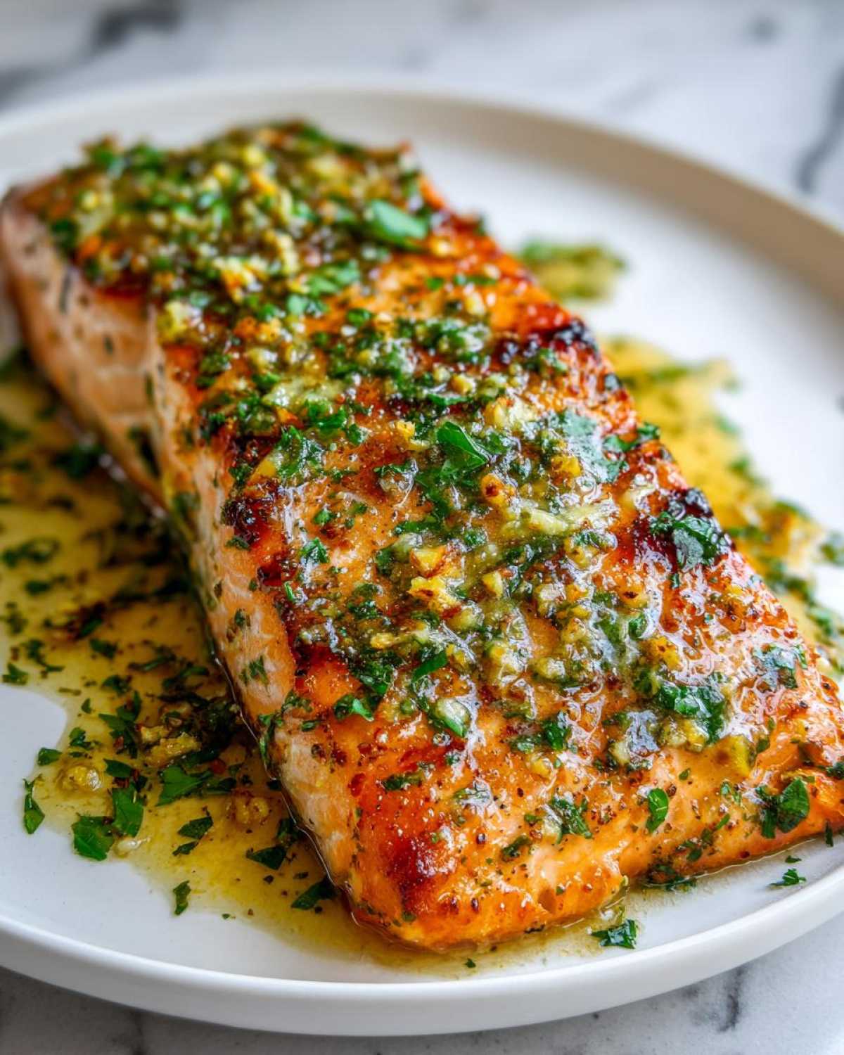 Close-up of a perfectly cooked fillet of Garlic Butter Salmon with Lemon Herb Sauce spooned over top.