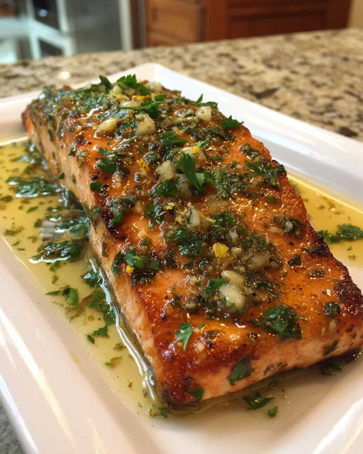 Close-up of a perfectly cooked fillet of Garlic Butter Salmon with Lemon Herb Sauce drizzled over it.