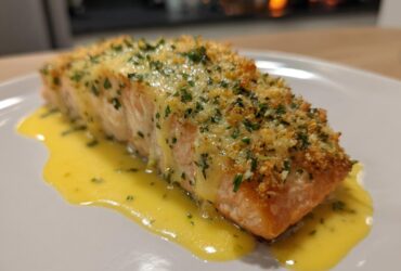 A perfectly cooked fillet of Garlic Butter Salmon with Lemon Garlic Sauce, topped with breadcrumbs and parsley.
